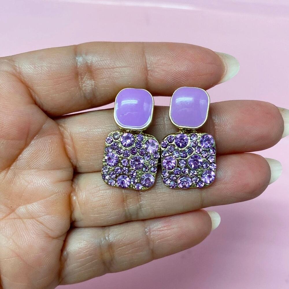 Retro Purple Earrings Enamel and Rhinestones Studs